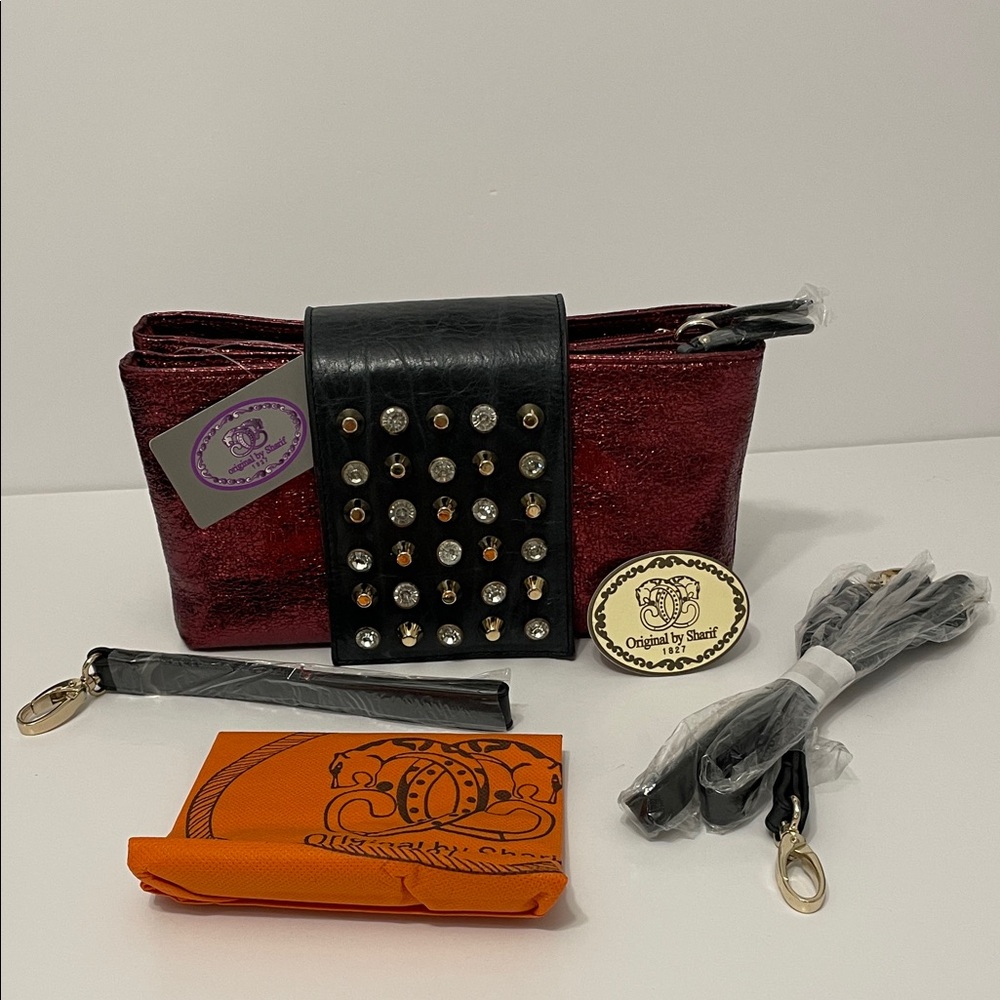 Sharif 1827 Vintage Metallic Black and Red/Burgundy Studded Wristlet/Crossbody